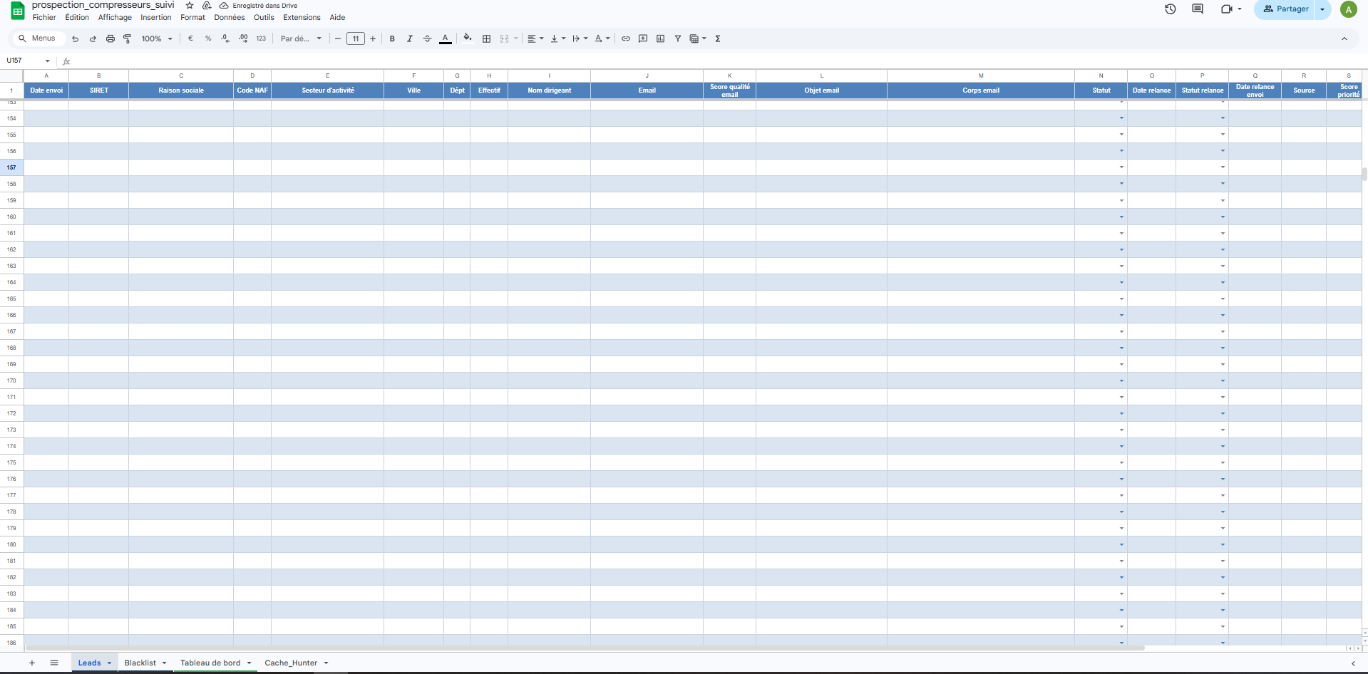 Interface Google Sheets de pilotage — onglet Leads avec statut, score qualité email, dates de relance et suivi par dépt