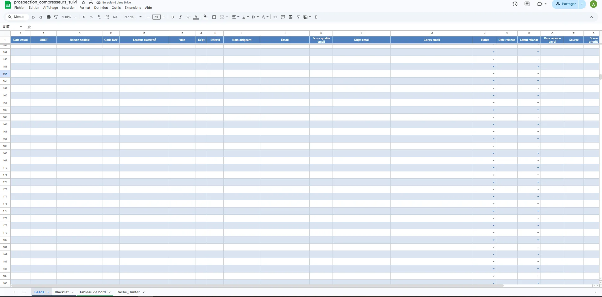 Extrait du Google Sheet de suivi des leads : date d'envoi, SIRET, raison sociale, code NAF, secteur, ville, département, effectif, nom du dirigeant