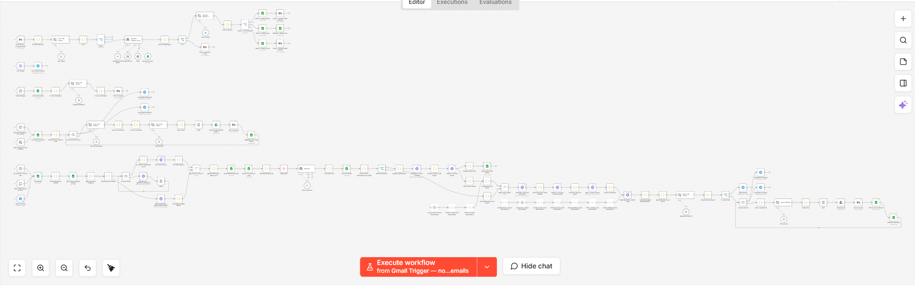Vue d'ensemble du système n8n — 125 nodes répartis en 5 sous-workflows : prospection, relance, détection d'intention, compte-rendu, supervision