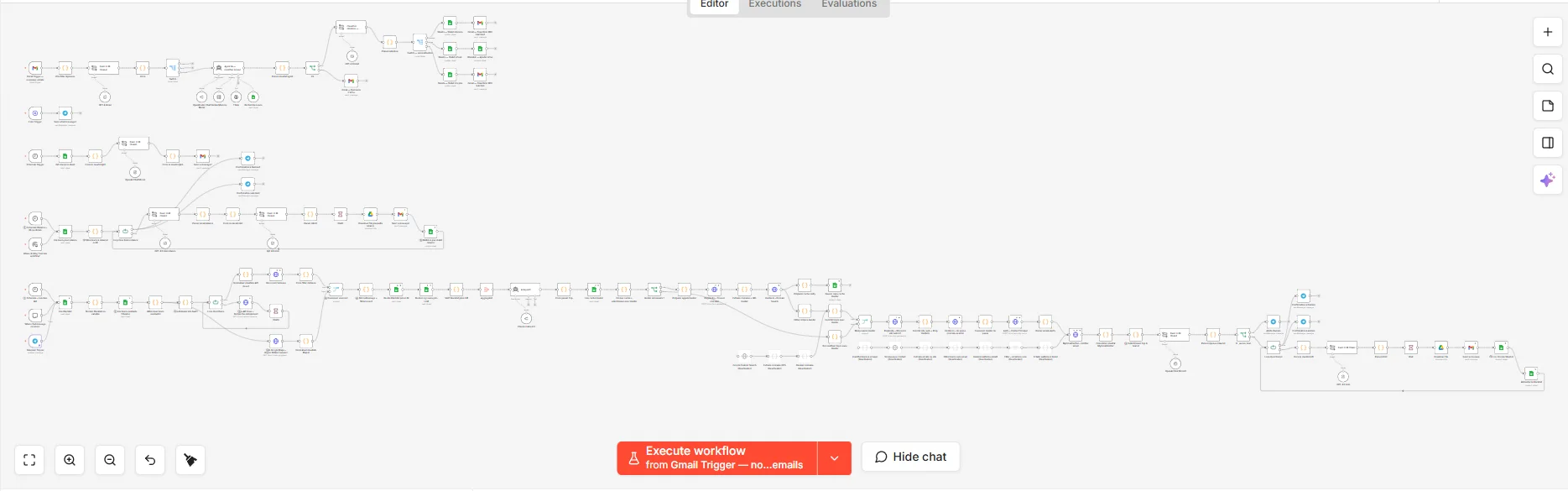 Capture de l'éditeur n8n : le système de prospection de Caeli, 5 sous-workflows et environ 125 nodes